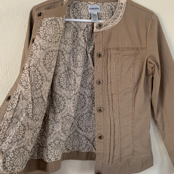 Chico’s cotton jacket tan embroidered beaded light weight - Picture 3 of 5